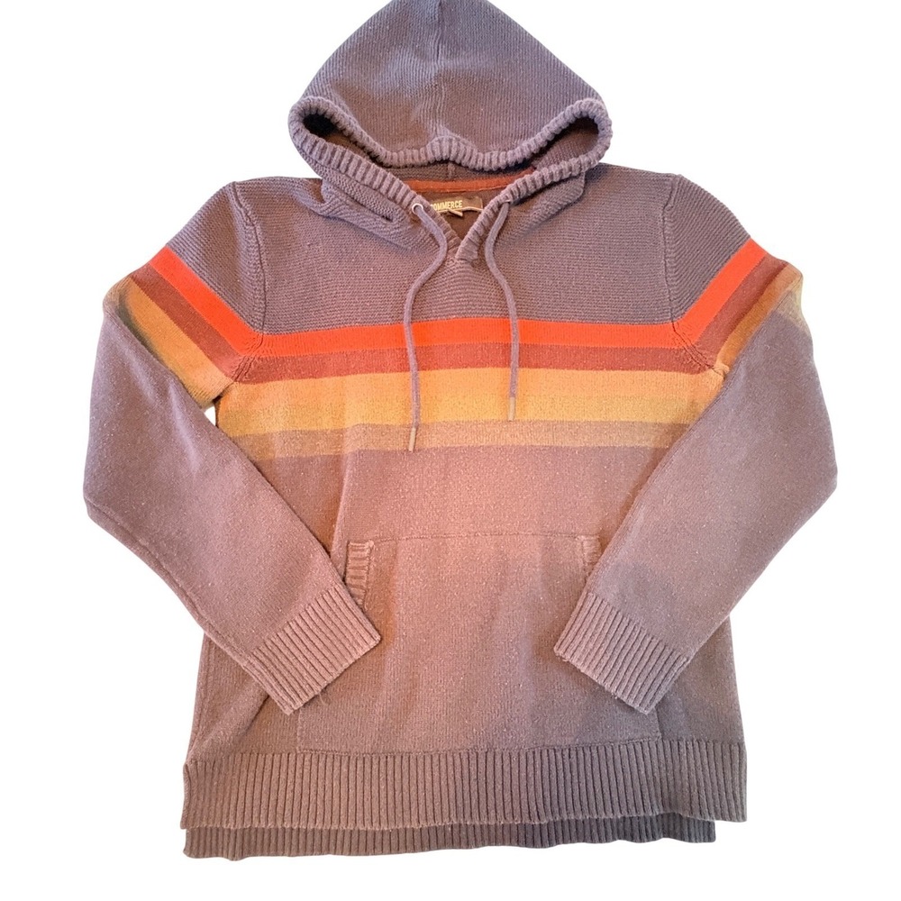 Commerce Striped Hoodie Mens Large Purple Retro Knit Pullover Sunset Sweater
